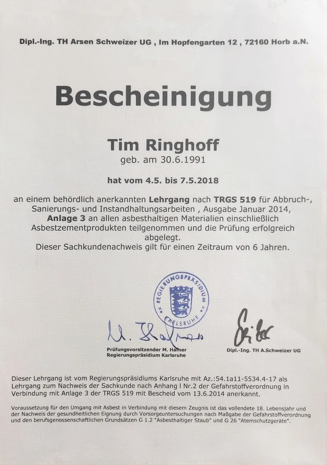Nachweis TRGS 519 der EST GmbH – Originaldokument