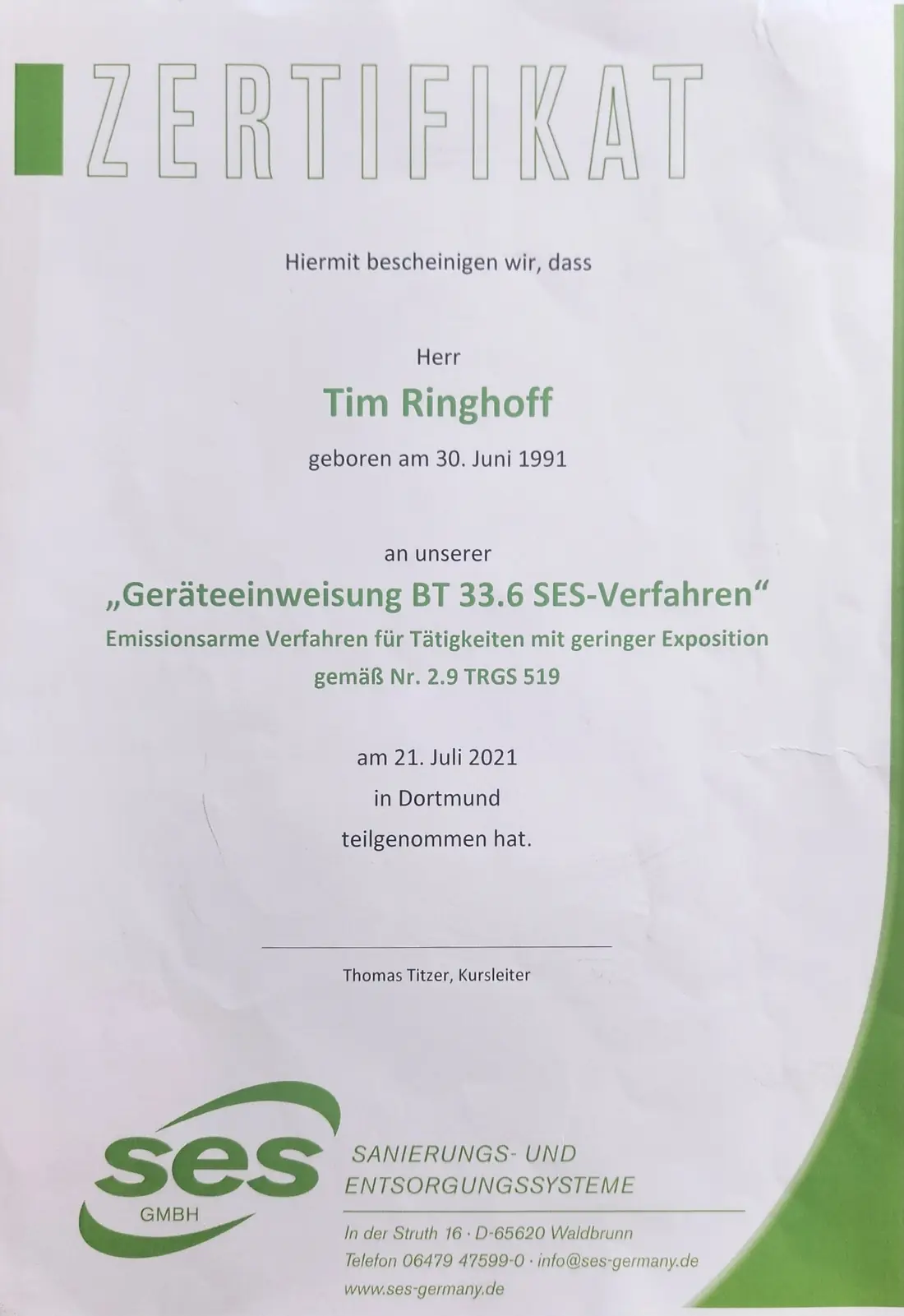 Nachweis BT 33.6 der EST GmbH – Originaldokument