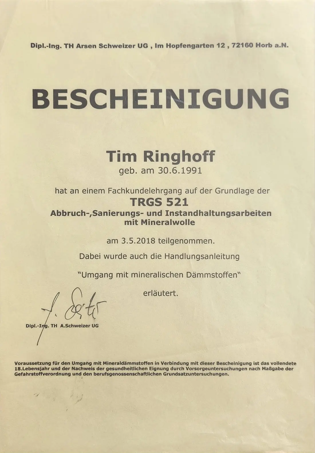 Nachweis TRGS 521 der EST GmbH – Originaldokument